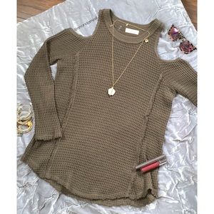 Elan Waffle Knit Cold Shoulder Sweater